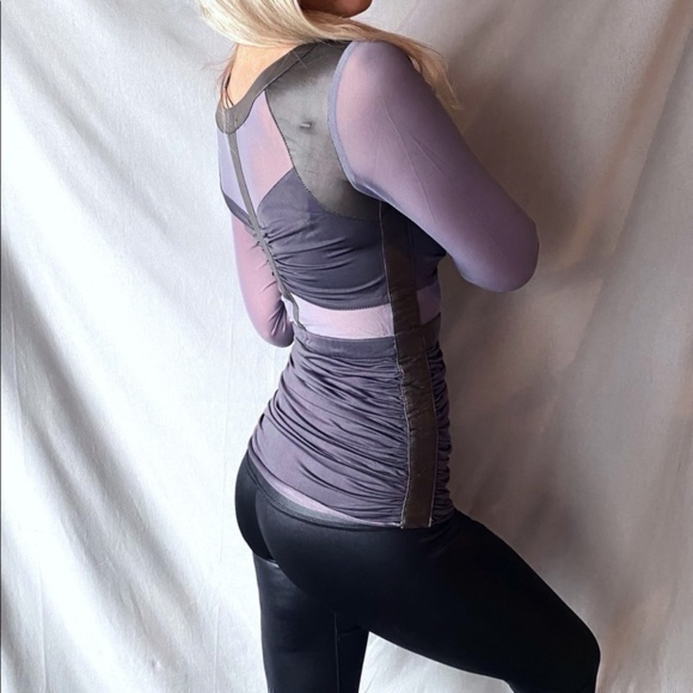 Sheer Mesh Cutout Faux Leather Contrast Sexy Top - Picture 4 of 5